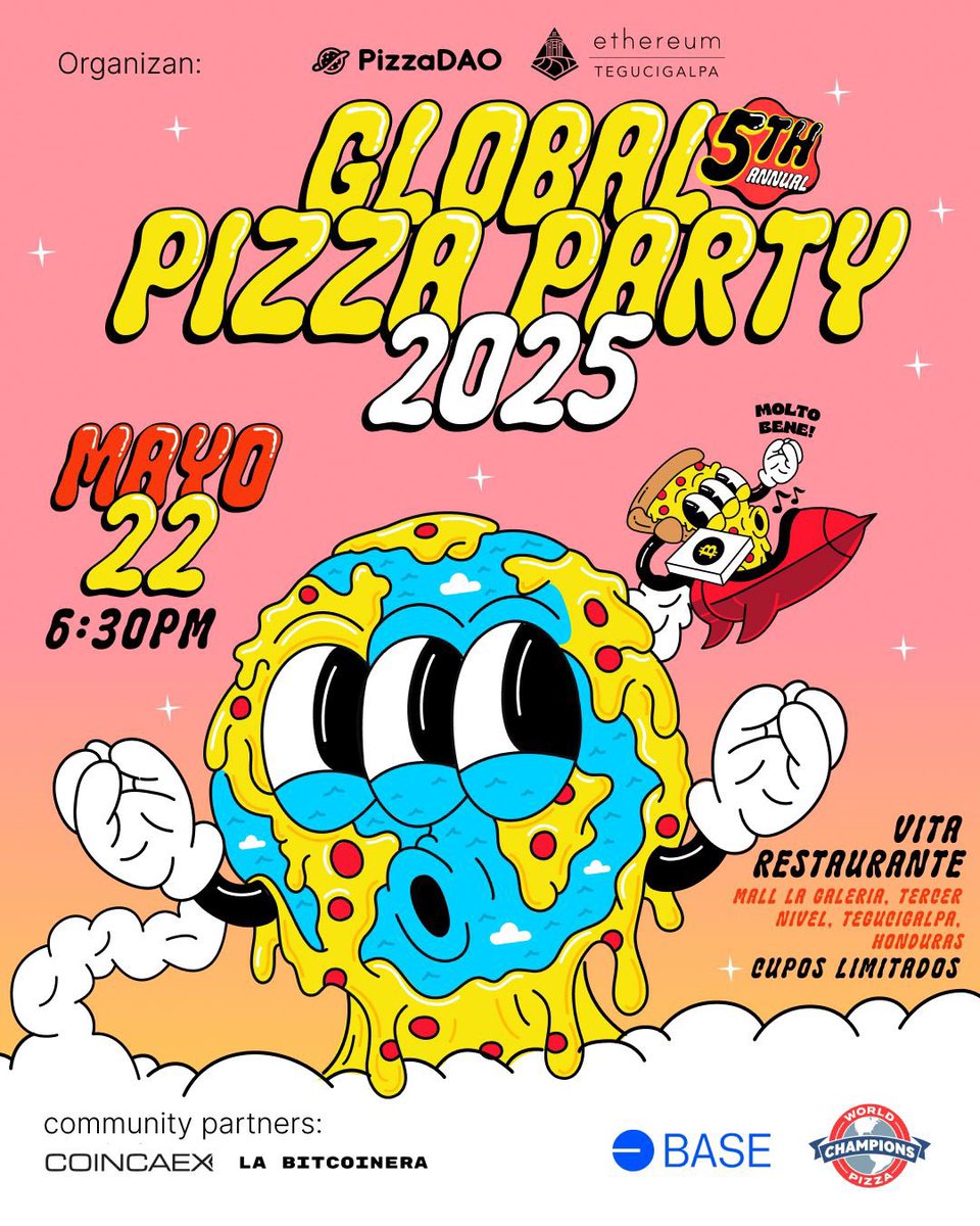 🍕 GLOBAL PIZZA PARTY TGU 🍕

Este 22 de mayo nos unimos a la celebración con <a href="/Pizza_DAO/">PizzaDAO.eth 🍕🏴‍☠️</a> y 47 comunidades alrededor del mundo.

📍 Vita Restaurante, Tgu
⏰ 6:30 PM

Tendremos arte, POAP, networking y PIZZA GRATIS! ✨

¡Registrate para asegurar tu porción!
app.unlock-protocol.com/event/global-p…