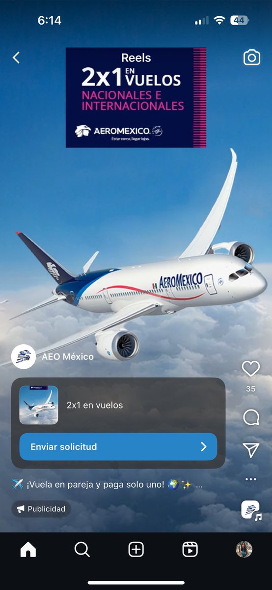 Instagram está bien estúpido al permitir esta publicidad que claramente es una estafa, usando el logo de Aeroméxico, una promo engañosa y una página web falsa (aeomexico) amigos cuando vean algo muy bueno para ser verdad no caigan! ⚠️