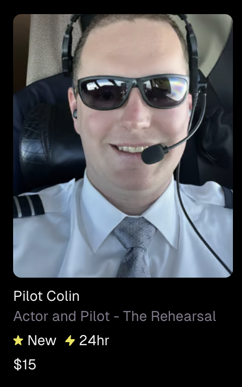 BookCameo's tweet photo. gonna order a bunch of cameos from pilot colin and have a bunch of people mimic them #TheRehearsal https://t.co/wWpV29eJf7