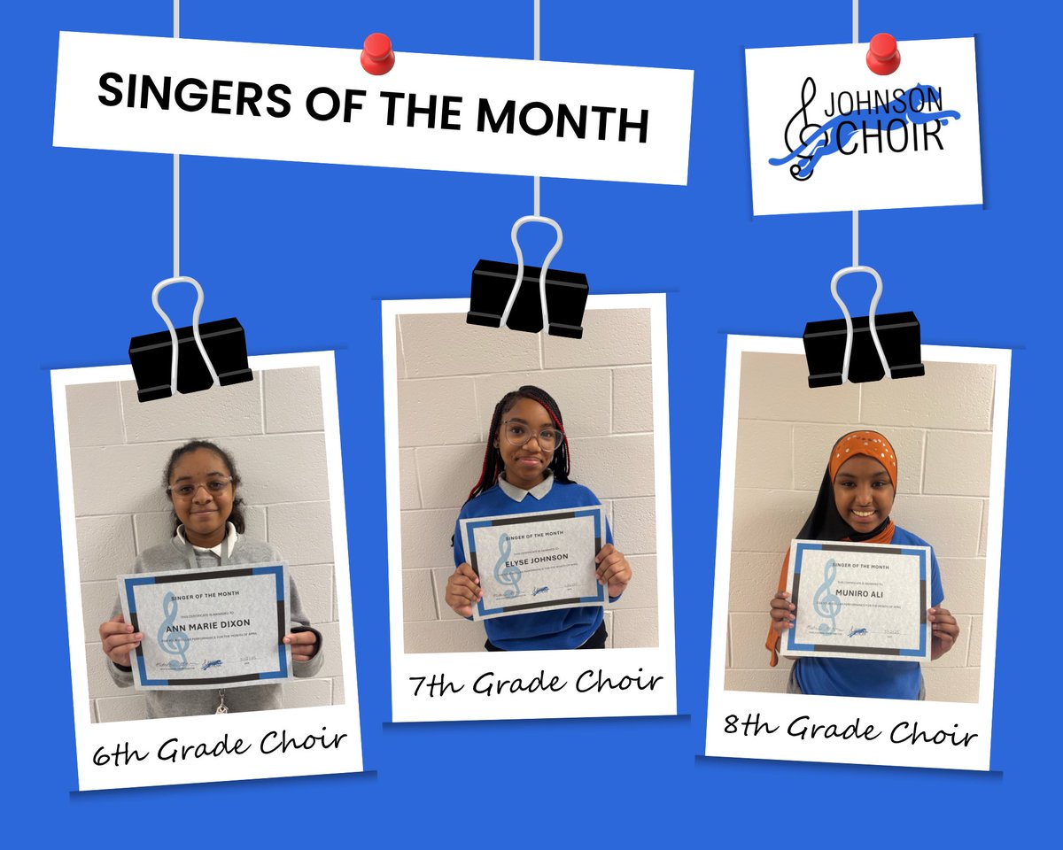 Congratulations to our Singers of the Month for the month of April!

Ann Marie Dixon - 6th Grade
Elyse Johnson - 7th Grade
Muniro Ali - 8th Grade

#RoarJagsRoar #SingJagsSing #YourVoiceMatters