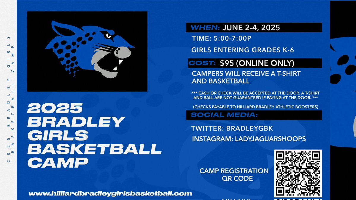 Camp is right around the corner, if you're interested in your daughter attending please register soon to make sure she gets a T-shirt. The basketballs are already in, but we have to submit our T-shirt order soon!
When: June 2nd-4th, 5:00-7:00pm
Who: Girls entering K-6th
Cost: $95