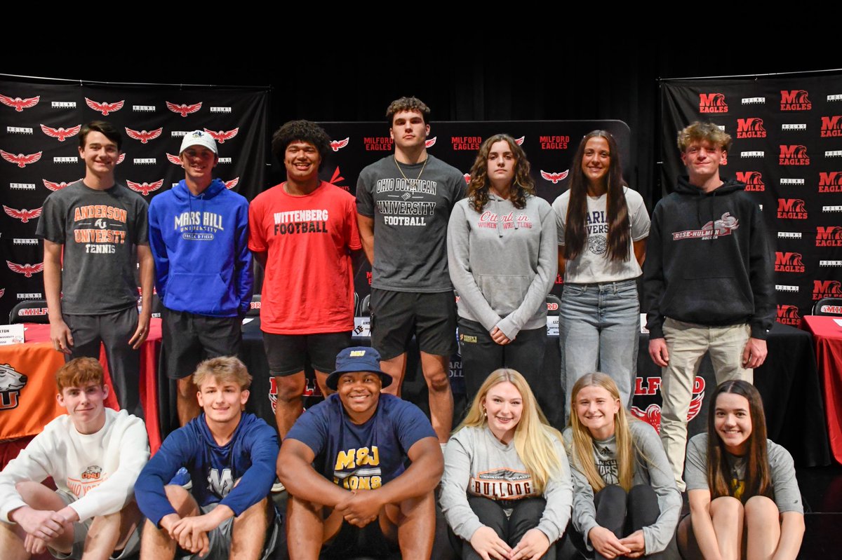 Milford Athletics (@milford_eagles) on Twitter photo Congrats to our 13 Signees who signed on the dotted line today to play athletics at the Next Level!! Congrats Eagles 🦅!!!
milfordathletics.org/o/milfordathle…
<a href="/mlaughman/">Melanie Laughman</a> <a href="/ClerSunSports/">Clermont Sun Sports</a> <a href="/MikeDyer/">Mike Dyer</a> <a href="/BConnellysports/">Brendan Connelly</a> <a href="/JWeberSports/">James Weber</a> <a href="/MilfordWrestlin/">Milford Wrestling</a> <a href="/MilfordEagleTDC/">Milford Eagles Touchdown Club</a> <a href="/MHSEaglesSoccer/">Milford Girls Soccer</a> <a href="/MHSLacrosse_/">Milford Mens Lacrosse</a> Congrats to our 13 Signees who signed on the dotted line today to play athletics at the Next Level!! Congrats Eagles 🦅!!!
milfordathletics.org/o/milfordathle…
<a href="/mlaughman/">Melanie Laughman</a> <a href="/ClerSunSports/">Clermont Sun Sports</a> <a href="/MikeDyer/">Mike Dyer</a> <a href="/BConnellysports/">Brendan Connelly</a> <a href="/JWeberSports/">James Weber</a> <a href="/MilfordWrestlin/">Milford Wrestling</a> <a href="/MilfordEagleTDC/">Milford Eagles Touchdown Club</a> <a href="/MHSEaglesSoccer/">Milford Girls Soccer</a> <a href="/MHSLacrosse_/">Milford Mens Lacrosse</a>