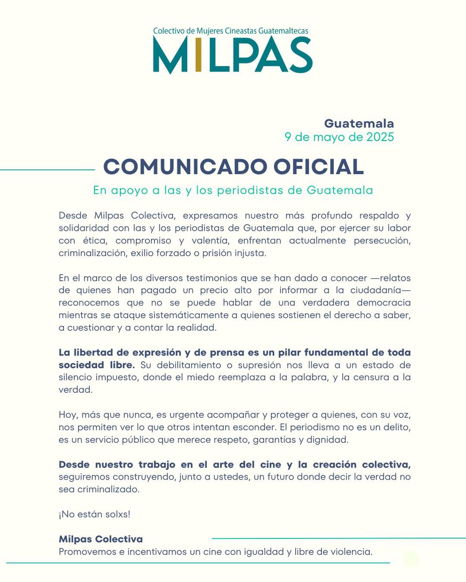 Nos sumamos al comunicado de <a href="/milpascolectiva/">milpascolectiva</a> en respaldo a las y los periodistas criminalizados y expresamos nuestro repudio he indignación ante el actuar del MP, jueces y operadores de justicia que han coptado el sistema de justicia para socavar la democracia.