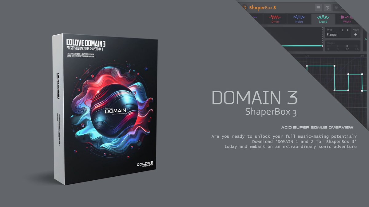 🚀 COLOVE Domain 3 is here!
40 epic FXP presets for ShaperBox 3 — gritty pianos, punchy bass, razor plucks. Plus, 29 FL Studio 24 FX templates for Spire &amp; Massive. FX-ready for any DAW.

Grab it now:
coloverecordings.com/product/colove…

#colovedomain #shaperbox3 #trap #sounddesign #beats