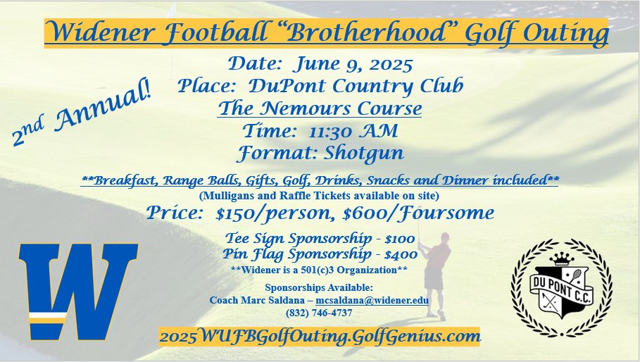 Widener Football (@widener_fb) on Twitter photo 🚨 Just under a month left to register for our 2025 Golf Outing! Come join us on the links for a great day of Golf <a href="/DuPontCC1920/">DuPont Country Club</a> We’d love to see you out there!
2025WUFBGolfOuting.GolfGenius.com
Click the link above to register! 🚨 Just under a month left to register for our 2025 Golf Outing! Come join us on the links for a great day of Golf <a href="/DuPontCC1920/">DuPont Country Club</a> We’d love to see you out there!
2025WUFBGolfOuting.GolfGenius.com
Click the link above to register!