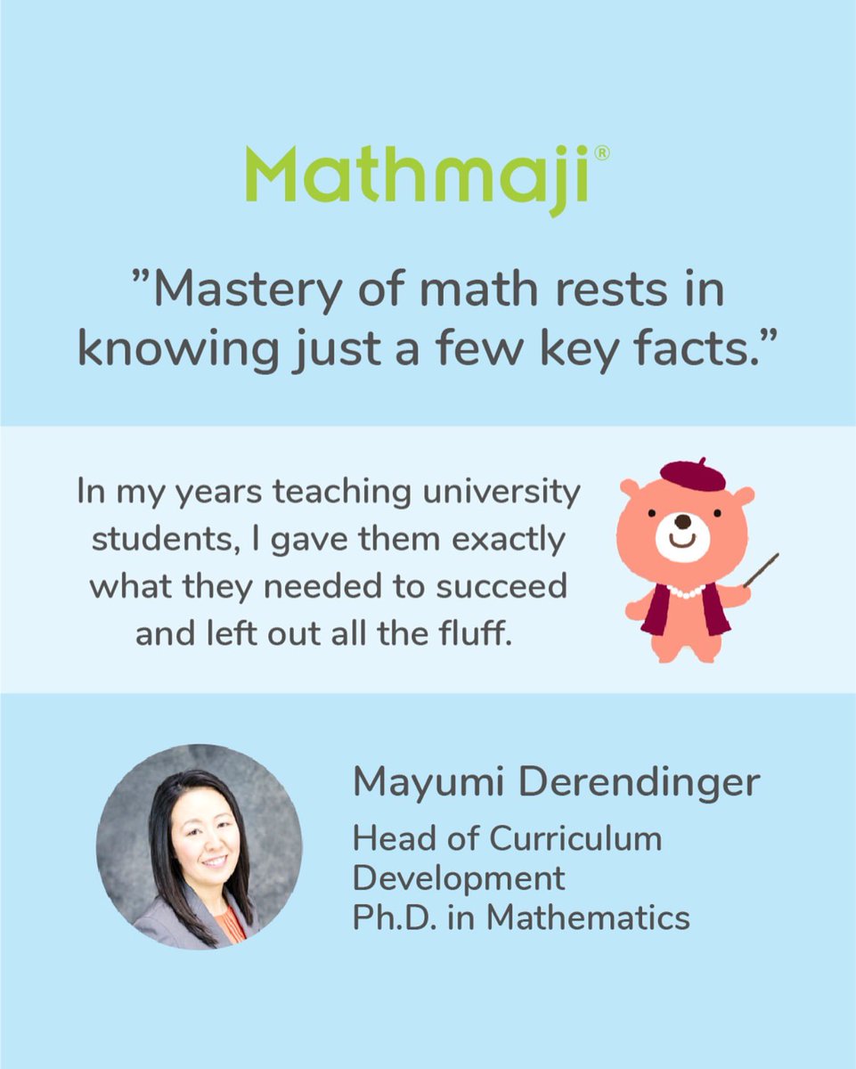 mathmaji_usa's tweet image. Our short, efficient lessons teach students to DO MATH, not memorize an endless parade of confusing methods and procedures. Math is easy and FUN when you clear away the clutter!✨

- Mayumi Derendinger
Head of Curriculum Development

#mathmaji #mathmadefun #kidslearning