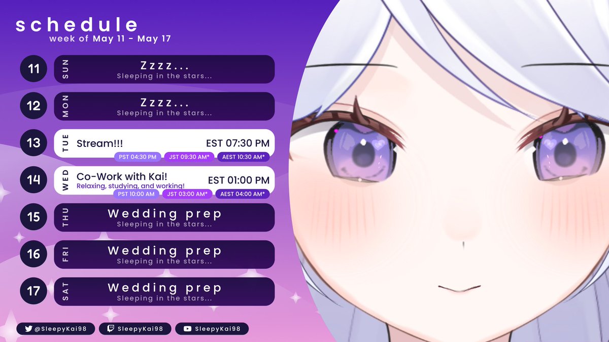 SleepyKai98's tweet image. Stream schedule for May 11th - May 17th!!🗓️
VERY busy this week and next week (elaborating in its own post)
But hopefully we can have fun with what we can do!!! ☺️💜
#Vtuber #vtuberschedule