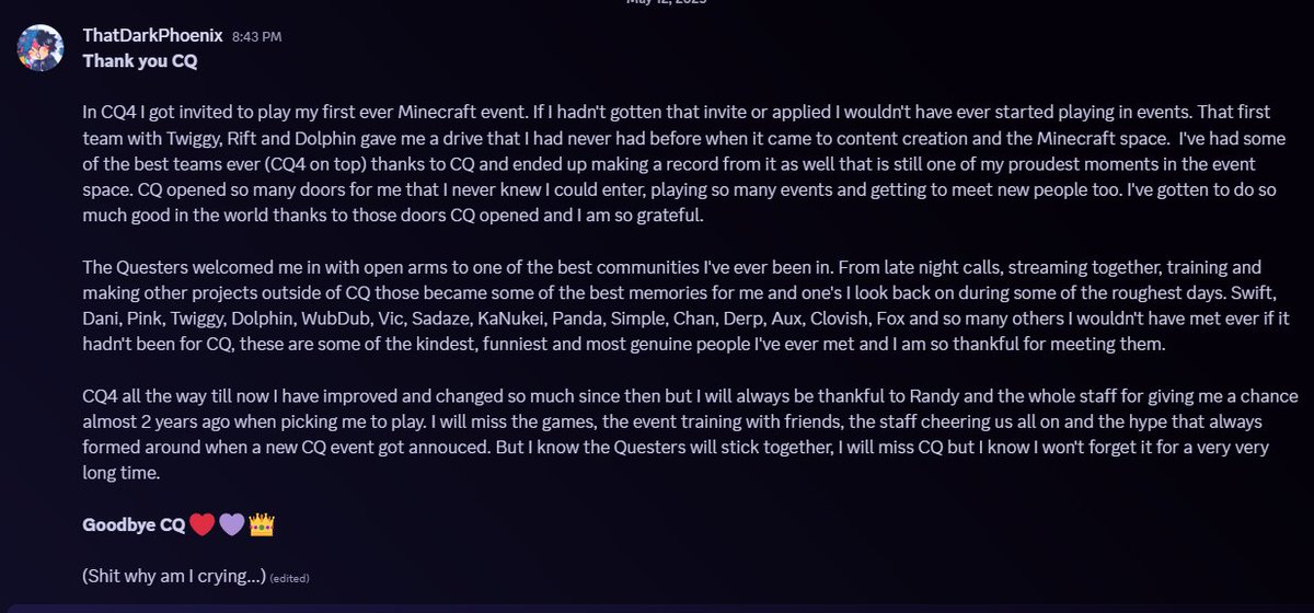 I got sappy, but here's my full thank you to CQ 💜
