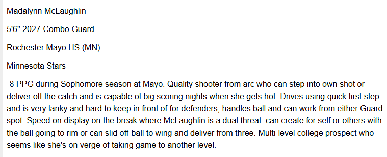 Madalynn McLaughlin (@maddymclaugh_27) on Twitter photo I appreciate the evaluation from <a href="/FiveStateHoops/">Chuck Thompson</a> -- thank you!
<a href="/MayoGBB/">Mayo GBB</a> <a href="/MNStars2027/">Minnesota Stars 2027 3SSB</a> <a href="/MinnesotaStars/">Minnesota Stars AAU</a> I appreciate the evaluation from <a href="/FiveStateHoops/">Chuck Thompson</a> -- thank you!
<a href="/MayoGBB/">Mayo GBB</a> <a href="/MNStars2027/">Minnesota Stars 2027 3SSB</a> <a href="/MinnesotaStars/">Minnesota Stars AAU</a>