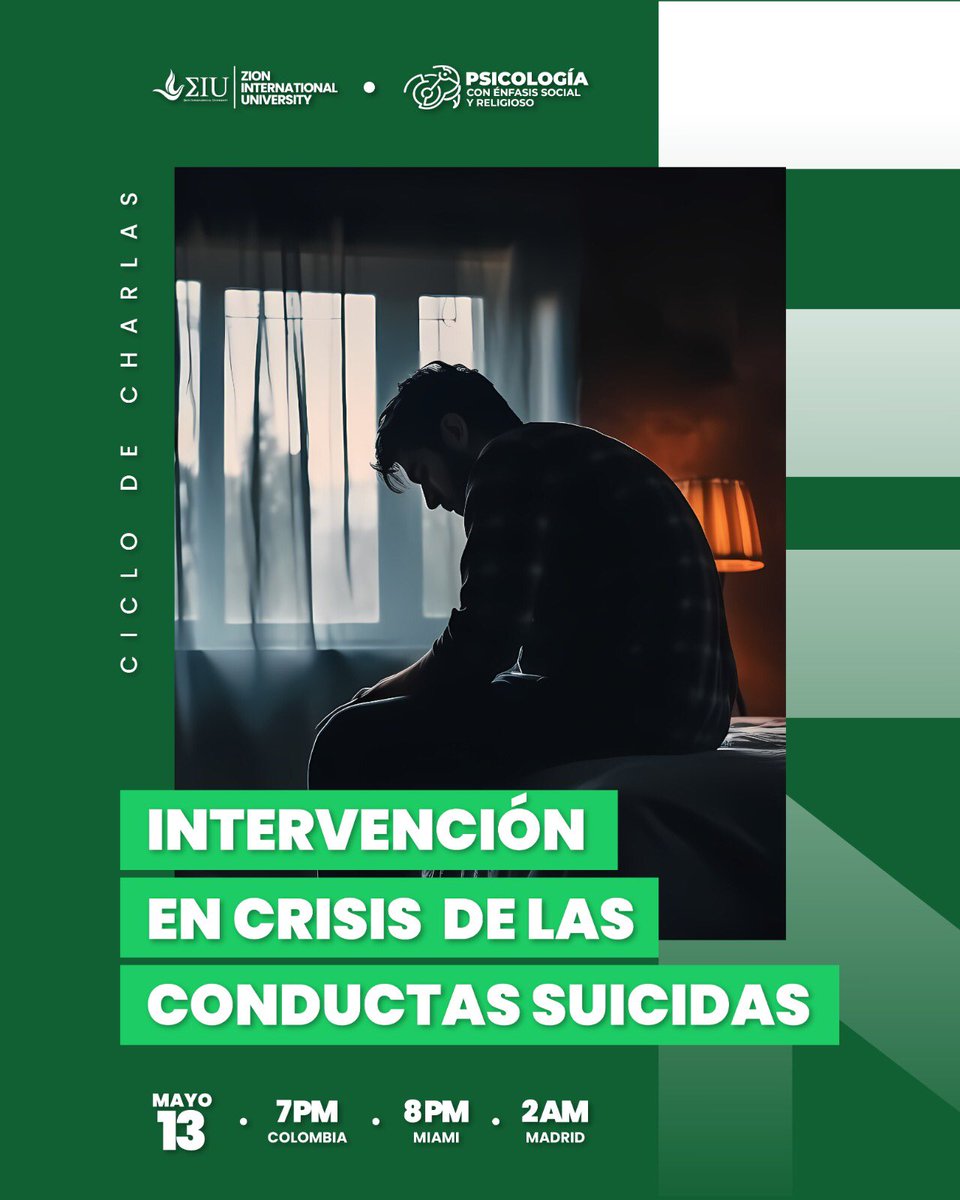 🤯 ¿Sabes cómo actuar ante una crisis emocional o una conducta suicida? Tu reacción puede marcar la diferencia entre la vida y la muerte. ✨

En Zion International University hemos preparado una charla transformadora dentro de nuestro ciclo formativo. 

¡Te esperamos! 💛