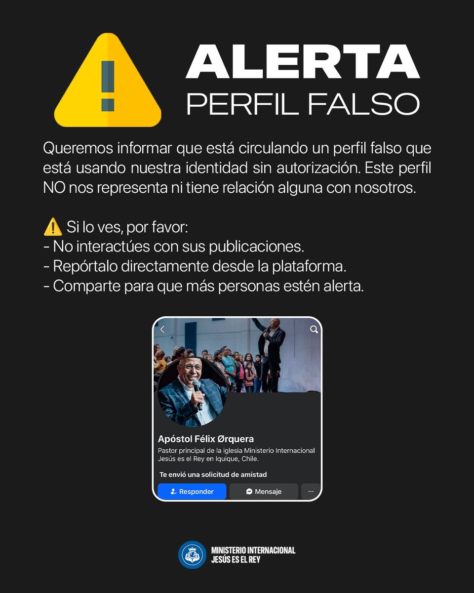 ApostolFelixO's tweet photo. 🚨ATENCIÓN🚨Queremos informar que está circulando un perfil falso que está usando nuestra identidad sin autorización. Este perfil NO nos representa ni tiene relación alguna con nosotros. https://t.co/xgueMT0vQn