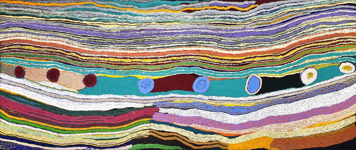 SPIRITS &amp; ELEMENTS | An Exhibition of Women's Stories
May Chapman
Plenty Yinta
125 x 294 cm
This piece captures the essence of Australian Deserts, portraying 8 significant waterholes. Each line &amp; colour is a testament to her connection to Country.
#firstnationsart  #womensstories