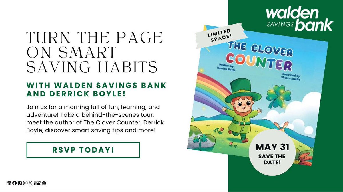 DerrickBoyle's tweet photo. Mark your calendars for May 31!
I’m teaming up with @walden_savings for a Clover Counter reading + bank tour.
Fun, learning, and saving tips for kids!
Big thanks to Walden Savings Bank!
Limited space—RSVP now!

#TheCloverCounter #Storytime #BibbyBooks #bank #books https://t.co/bEoPKabnPp