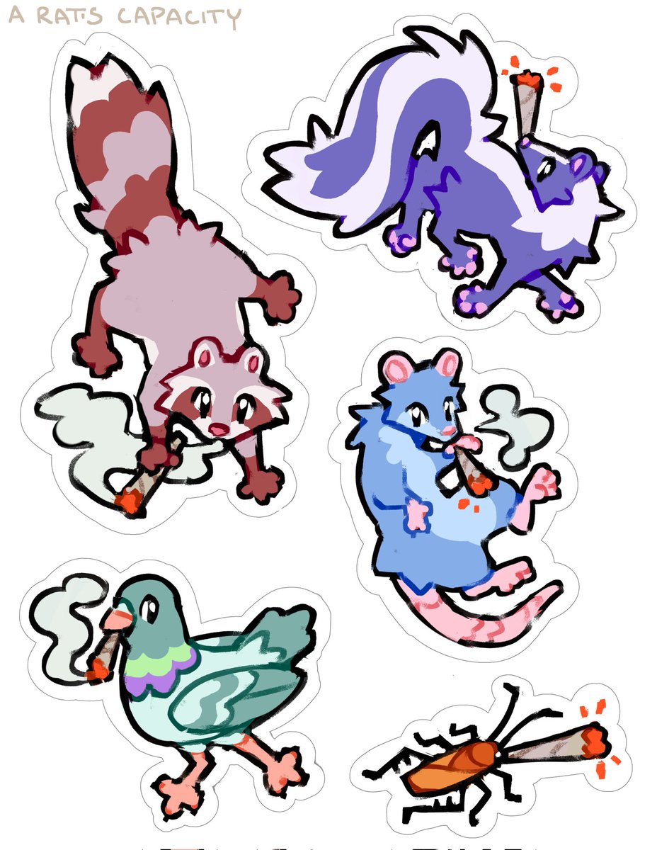aratscapacity's tweet image. boof smokin trash critters 🍃
sticker concepts i made last year :3,, would want to revise these before i ever considered making them actual stickers