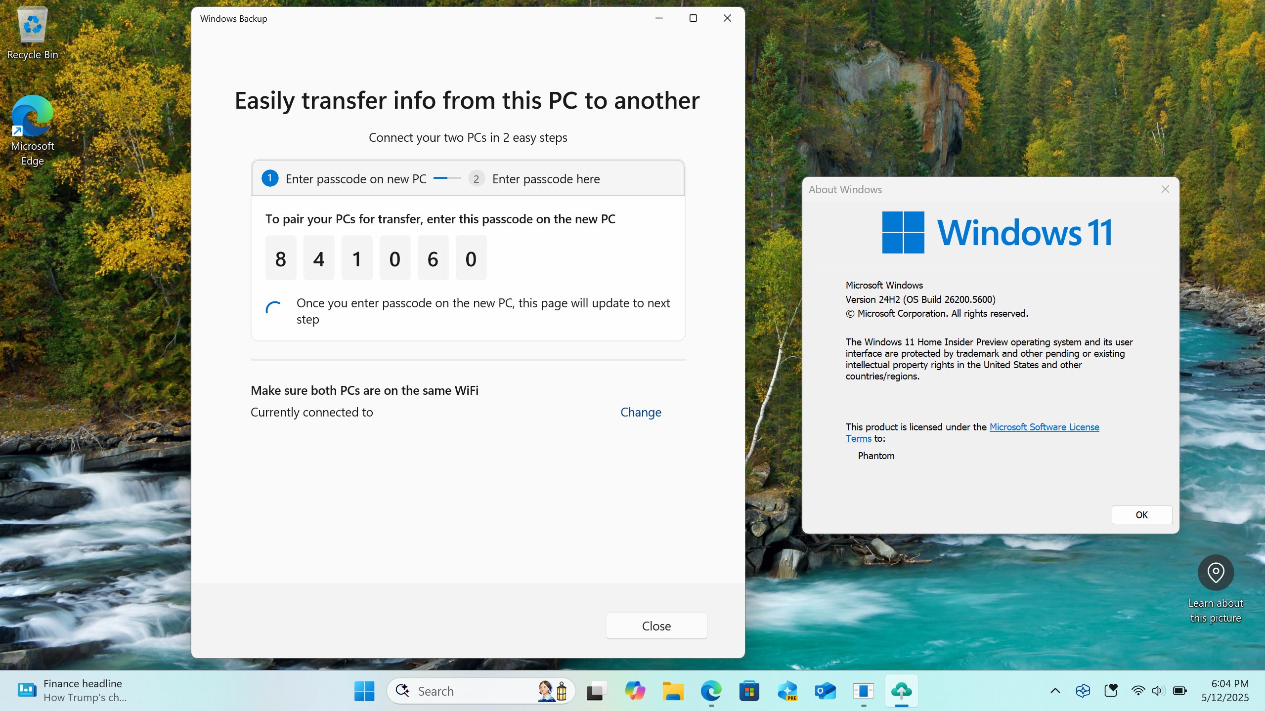 Windows Backup in Windows 11. The app shows the Migration flow and prompts the user to enter a passcode to pair two PCs for transfer.
