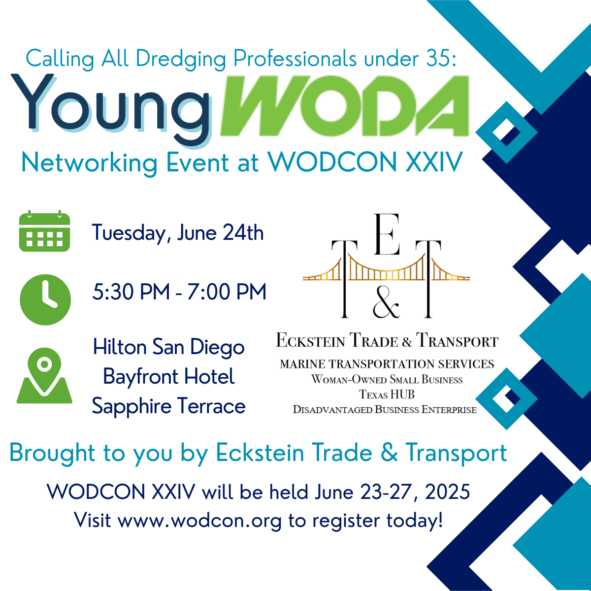 WesternDredging's tweet photo. Thank you to Eckstein Trade &amp; Transport "ET&amp;T" for sponsoring this years Young WODA Networking Event at WODCON XXIV!

📅Tuesday, June 24th, 2025
⌚5:30 - 7:00 PM PST
📌Hilton San Diego Bayfront Hotel, Sapphire Terrace

Visit https://t.co/Q39cxsEnsD to register TODAY! https://t.co/CxgKC747Gu