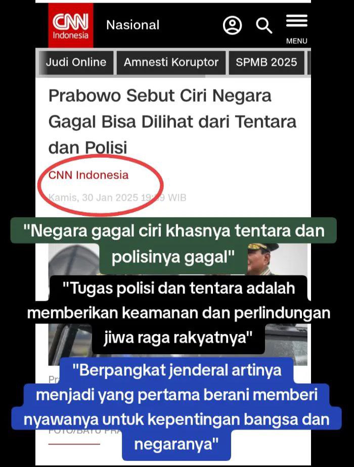 "Negara gagal ciri khasnya tentara dan polisinya gagal"

Tugas Polisi dan tentara berkewajiban memberikan keamanan dan perlindungan jiwa raga rakyatnya."

cnn.id/1192917

#JokowiLuhutBiangBencana 
#RakyatBersatuLawanJokowi
#RakyatBersatuLawanJokowi