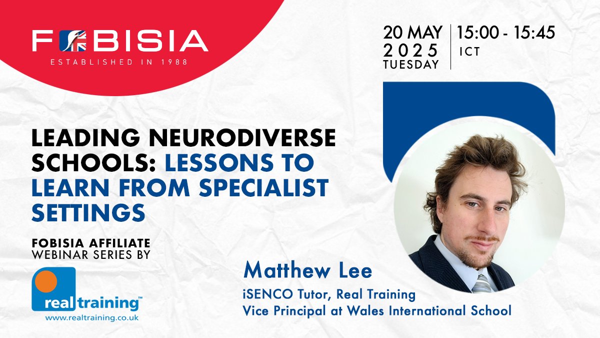 FOBISIA1's tweet image. Join the @FOBISIA1 Affiliate Webinar Series, hosted by @RealTrainingUK. This webinar will discuss 'Leading Neurodiverse Schools: Lessons to Learn from Specialist Settings.’ For more details and to register, please visit this link: bit.ly/454B7eI