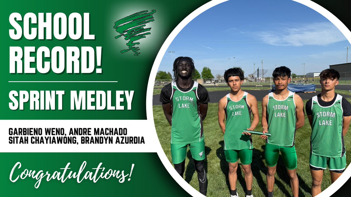 Storm Lake CSD (@stormlakecsd) on Twitter photo 🌪️SCHOOL RECORD ALERT🌪️Congratulations to Garbieno Weno, Andre Machado, Sitah Chayiawong, and Brandyn Azurdia for setting a new school record in the Sprint Medley with a time of 1:36.02! 👏👏 #AmericasSchool <a href="/SLXC_SLTF/">STORM LAKE XC/BOYS T&F</a> 🌪️SCHOOL RECORD ALERT🌪️Congratulations to Garbieno Weno, Andre Machado, Sitah Chayiawong, and Brandyn Azurdia for setting a new school record in the Sprint Medley with a time of 1:36.02! 👏👏 #AmericasSchool <a href="/SLXC_SLTF/">STORM LAKE XC/BOYS T&F</a>