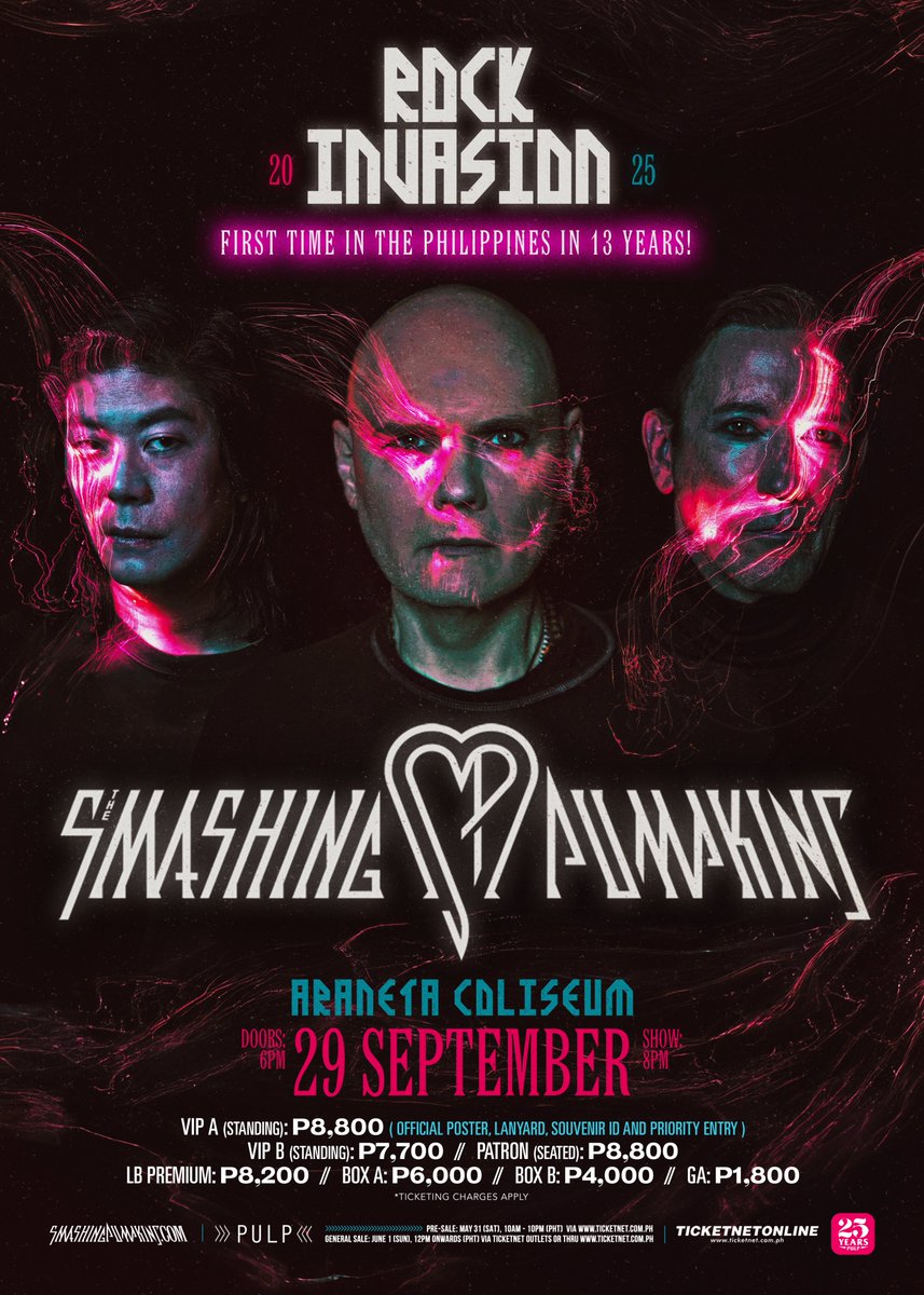 pulpliveworld's tweet photo. The long wait is finally over as alternative rock icons and worldwide sonic superstars The @SmashingPumpkin are returning to Manila in full force this September 29, 2025! That's right - the Grammy-Award winning band brings their greatest hit singles and fan favorites for a ONE NIGHT ONLY show dubbed SMASHING PUMPKINS ‘ROCK INVASION 2025’ IN MANILA  at @TheBigDome. Truly an indescribable moment of nostalgia and rock n' roll legacy for the most-serious Pinoy Pumpkinheads and rock fans.

Fans can secure their tickets early during the Presale on May 31, 2025, from 10AM to 10PM (PHT) exclusively via https://t.co/jn6ny7zf0a. The General Sale happens on June 1, 2025, starting 12PM (PHT) at any @TicketNetPH outlets or online via https://t.co/jn6ny7zf0a. 🔥

This will be the greatest day you've ever known... so Hipsters, unite - come align for the big fight to rock. Brought to you by PULP Live World

#SMASHINGPUMPKINSinMANILA
