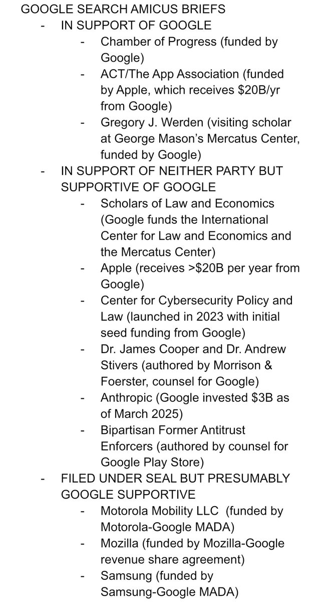 There were a total of 12 amicus briefs filed in support of Google’s Search monopoly last week.

Google indirectly funded every single one of them.