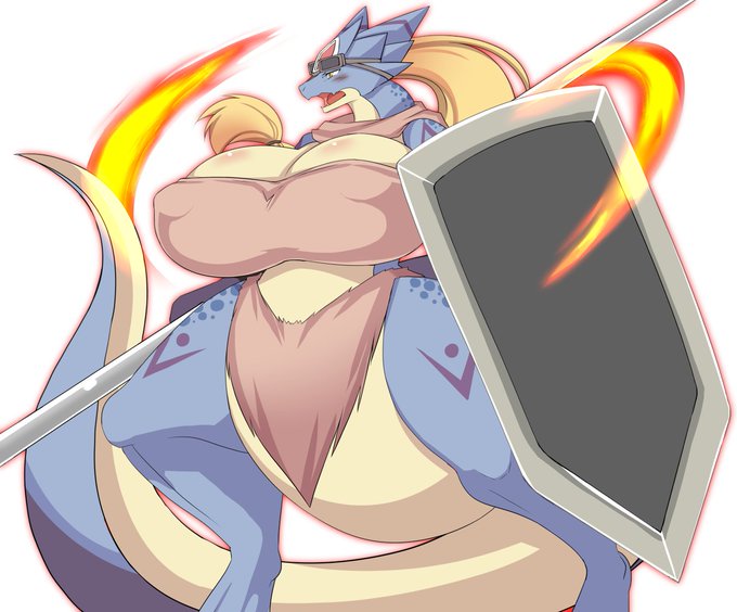 爬虫類リザードマンに身長も胸も盛り、一般向け王道RPGのパーティメンバーキャラとして登場させました(これは奥義カットイン絵) 