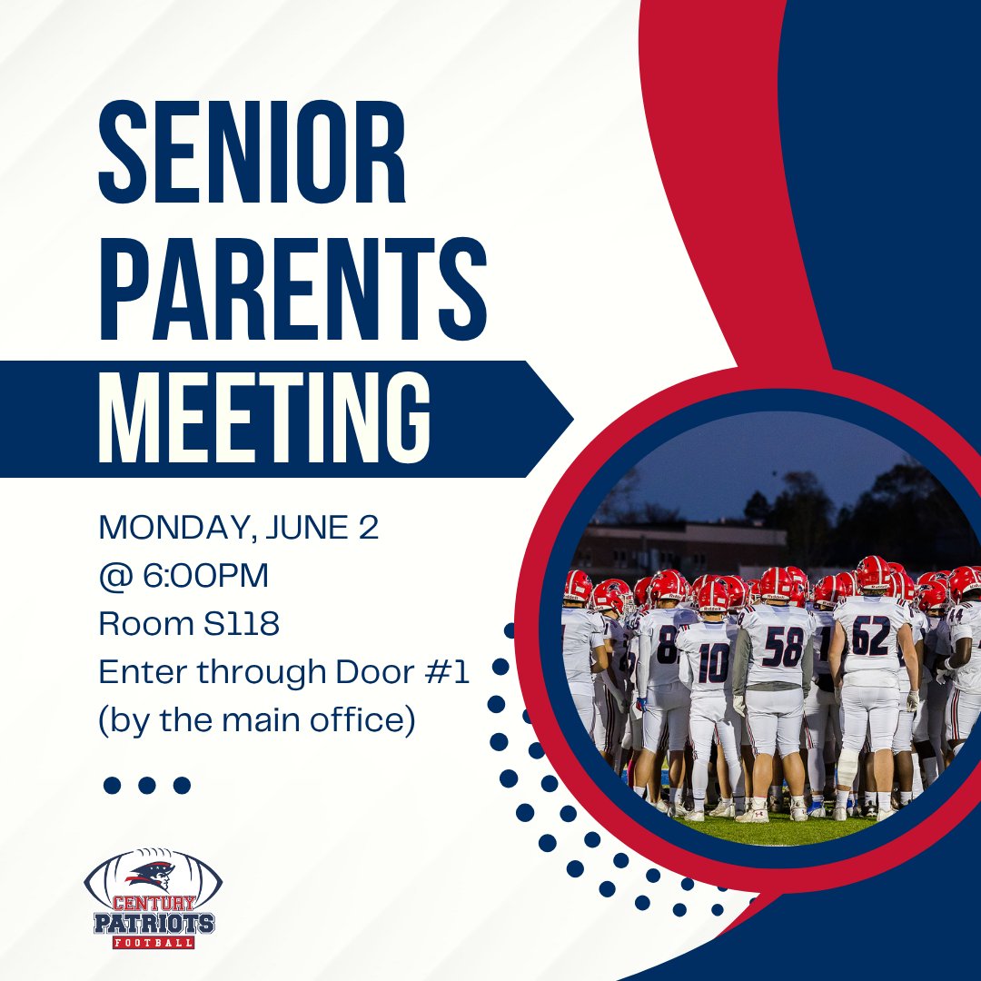 🏈SENIOR PARENTS! Time for us to huddle up, too!🏈

Attend the Senior Parents meeting!
Monday, June 2 @ 6:00pm
Room S118 (the fishbowl) Enter the school through the main doors (Door #1) by the office.
To receive updates, check our Stack Team App as we will provide key info there.
