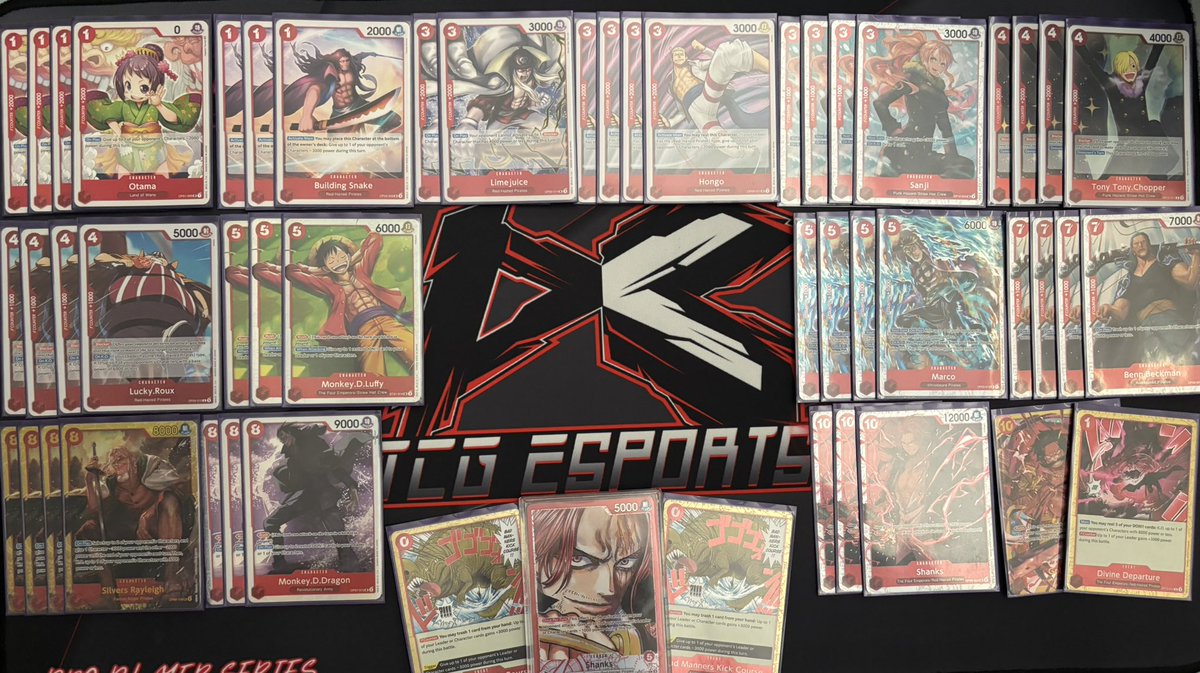 Dom_D_Russ's tweet photo. 🇦🇺Went 4-0 last night at good games Morley with Shanks 🔴

Lim✅2
Gp Luffy✅2🎲 @PanOPTCG 
RY Sabo✅1🎲
Lucci✅2🎲

Was missing a few cards for gp so played shanks for fun. If you see your curve shanks is very strong but you don’t see it every game. Off to gp💨
#onepiececardgame https://t.co/BA1FDsiojX