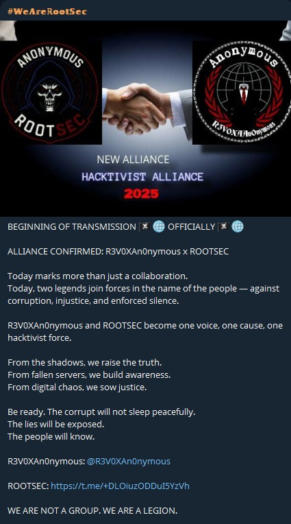 🚨 Alert: New Hacktivist Alliance 🚨

R3V0XAn0nymous and ROOTSEC have officially announced a new alliance.