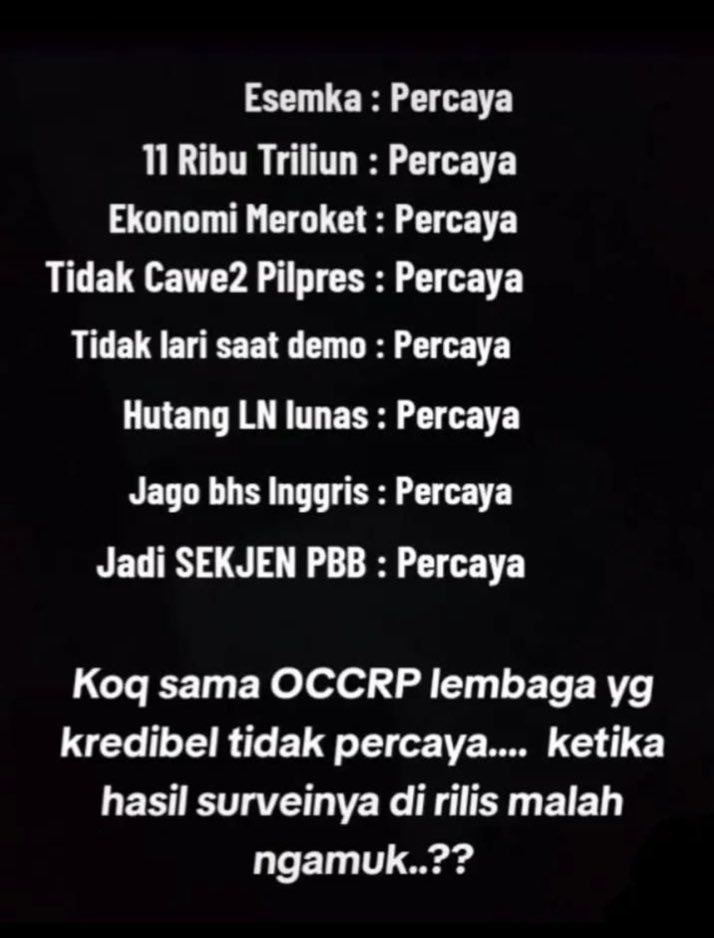 Dunia buzzerrp.

Esemka, percaya.
11.000 triliun, percaya.
Meroket: percaya.
Tidak cawe2 pilpres, percaya.
Kangen didemo, percaya.
Calon sekjen PBB, percaya.

Kok sama OCCRP tidak percaya?

#JokowiLuhutBiangBencana 
#RakyatBersatuLawanJokowi
#RakyatBersatuLawanJokowi