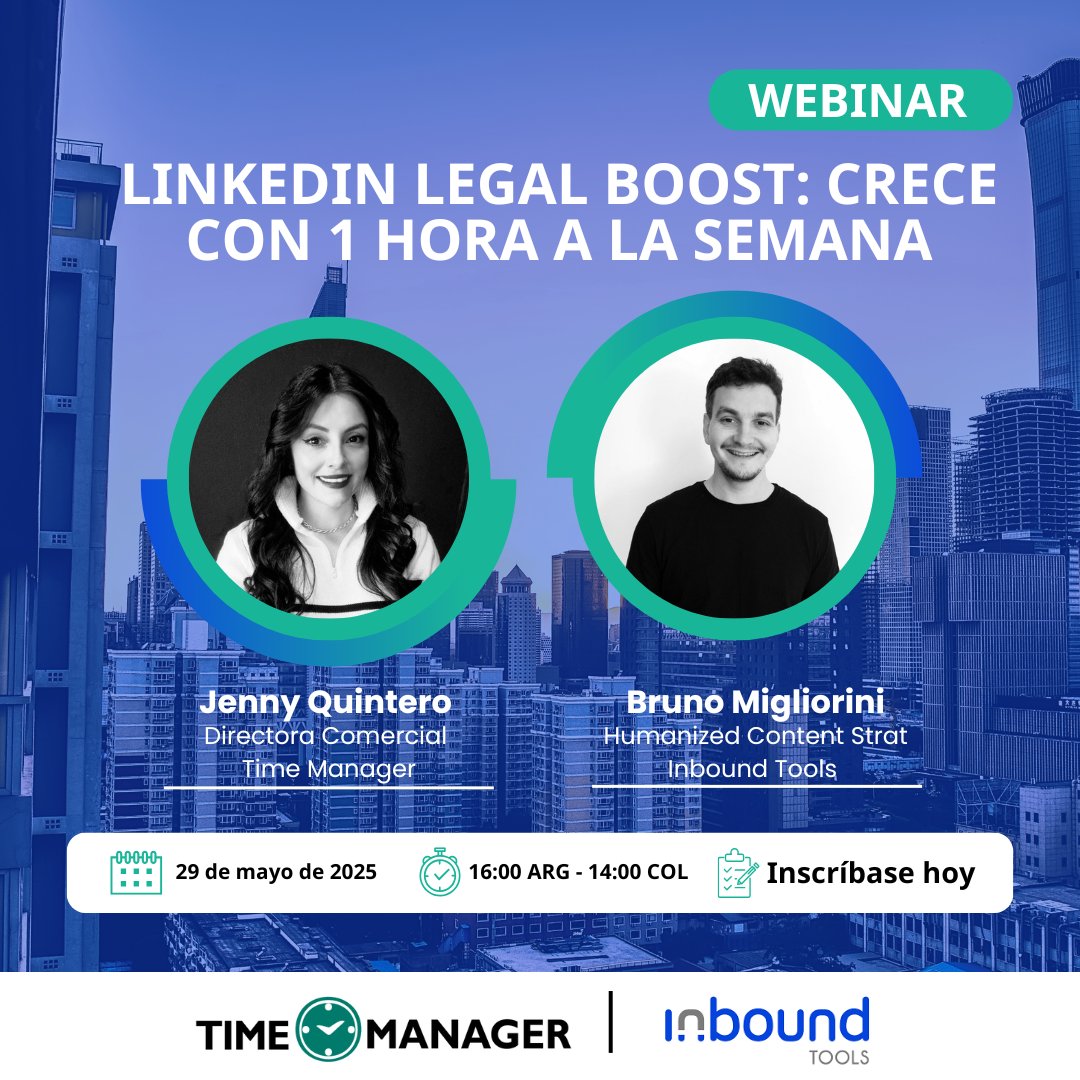 timemanagerweb's tweet image. 📣 𝗔𝗯𝗼𝗴𝗮𝗱𝗼𝘀 𝘆 𝗳𝗶𝗿𝗺𝗮𝘀 𝗹𝗲𝗴𝗮𝗹𝗲𝘀 𝗱𝗲 𝘁𝗼𝗱𝗮 𝗟𝗔𝗧𝗔𝗠:

🌐 Los invitamos al webinar &quot;LinkedIn Legal Boost: Crece con 1 Hora a la Semana&quot;
📅 Jueves 29 de mayo
🕓 16:00 (ARG) | 14:00 (COL) | 13:00 (MEX)

👉 lnkd.in/exCF37fb