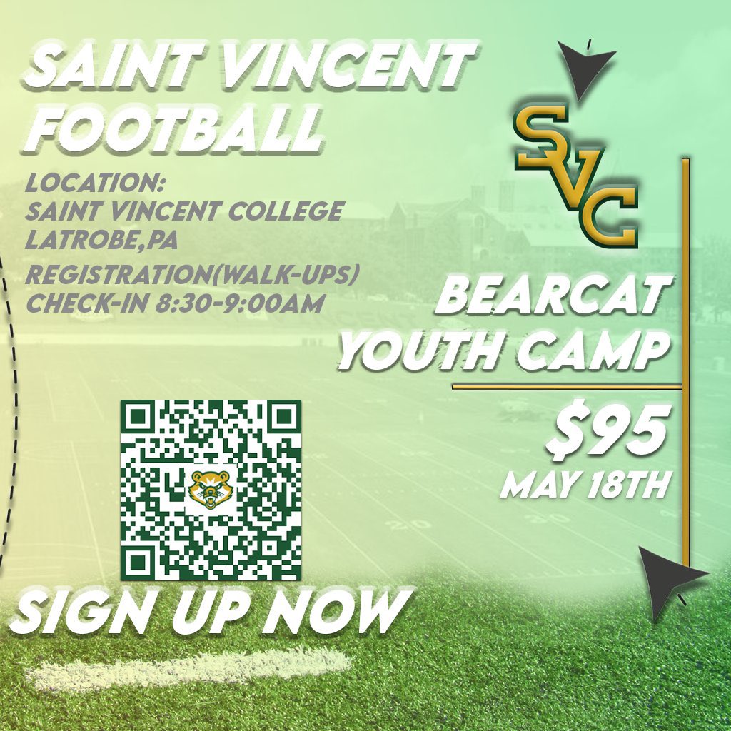 Chace Johnston (@coachjohnstonol) on Twitter photo Only 6 days until the Saint Vincent Football Youth Camp! Don’t miss this awesome opportunity for your kids to improve their skills and have a blast doing it! DM me or email me at chace.johnston@stvincent.edu to get signed up!
#WGF | #GoBearcats Only 6 days until the Saint Vincent Football Youth Camp! Don’t miss this awesome opportunity for your kids to improve their skills and have a blast doing it! DM me or email me at chace.johnston@stvincent.edu to get signed up!
#WGF | #GoBearcats