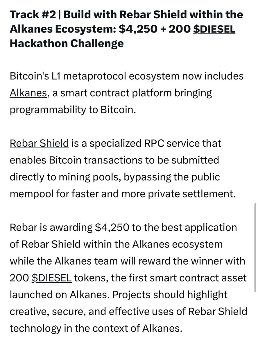 Oyl | Building Alkanes (@oylwallet) on Twitter photo We are co-sponsoring <a href="/TheBitcoinConf/">The Bitcoin Conference</a> hackathon at the <a href="/RebarLabs/">Rebar Labs</a> track for best use of Shield and Alkanes
$4,250 and 200 $DIESEL up for grabs 🧪 We are co-sponsoring <a href="/TheBitcoinConf/">The Bitcoin Conference</a> hackathon at the <a href="/RebarLabs/">Rebar Labs</a> track for best use of Shield and Alkanes
$4,250 and 200 $DIESEL up for grabs 🧪