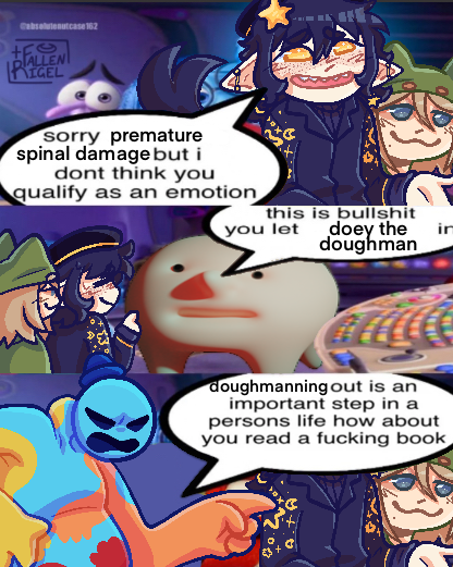 FallenRigel's tweet image. i drew this back when poppy playtime ch4 released but i think it deserves to be shared here. doughmanning out is an important step in a person's life after all 
(ft. my big brother and its pet homunculus who they hate. thats the things official name. pet homunculus who we hate)
