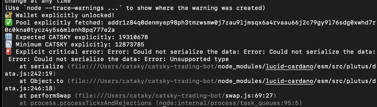 I am a finance guy, not a dev—but I’ve been trying to build a Cardano trading bot using AI and keep hitting this wall 👇

“Error: Could not serialize the data: Error: Unsupported type”

Using lucid-cardano@0.10.7 and @minswap/sdk@0.4.3 together seems to cause serialization