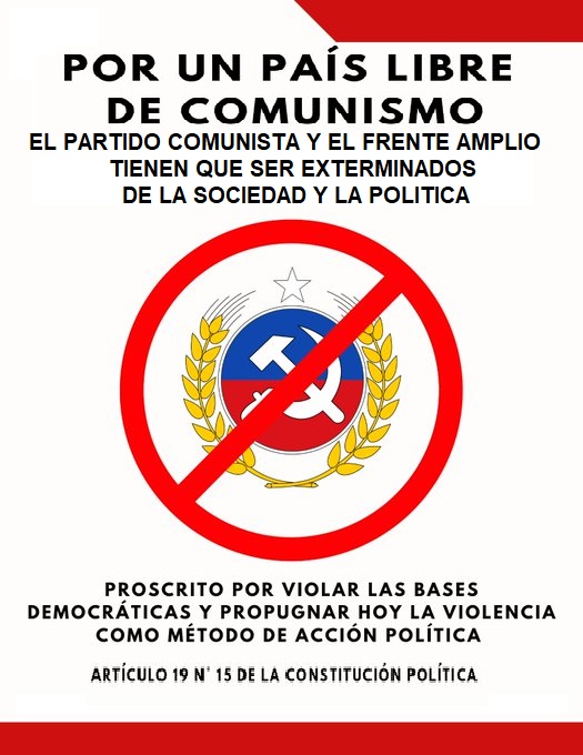 <a href="/RocioInfantesb/">Rocío Infante</a> EL <a href="/PCdeChile/">Partido Comunista de Chile</a> NUNCA SERÁ PARTE DE NUESTRA HISTORIA DE CHILE Y LOS CHILENOS.
IDEOLOGÍA PUTREFACTA FORANEA, DEL OTRO LADO DEL MUNDO QUE SOLO TRAE MISERIA, ODIO Y MUERTE A QUIENES ESTAS MIERDAS SOMETEN.
LOS COMUNISTAS TIENEN QUE SER PROSCRITOS NUEVAMENTE.
EXTERMINADOS DE LA SOCIEDAD