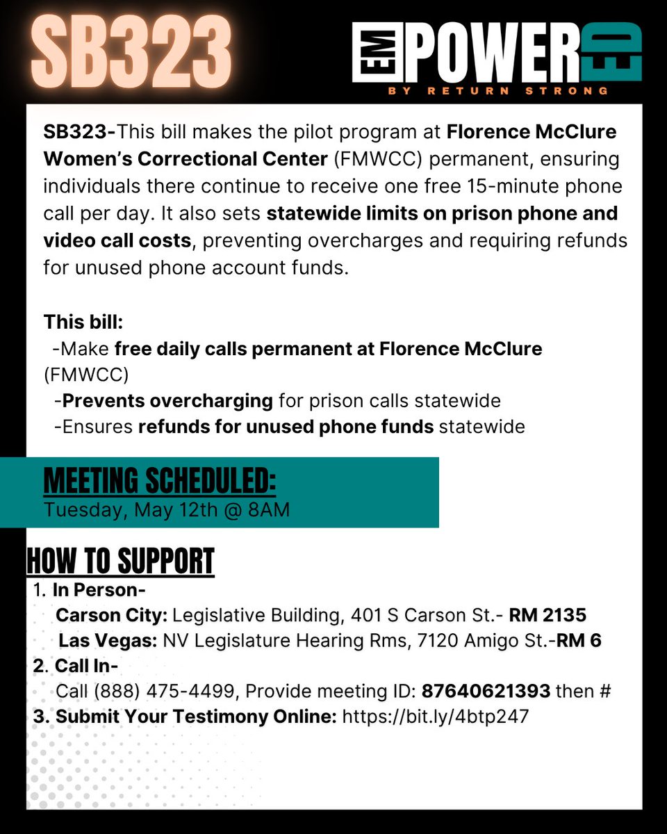💐 After Mother’s Day... Let’s Show Up for Incarcerated Moms 💐
📞 Support SB323 – Free Daily Calls &amp; Fair Rates for Women at FMWCC
🗓️ Tomorrow @ 8AM | Senate Finance Hearing
👥 Call In. Show Up. Speak Out.

#NVLEG