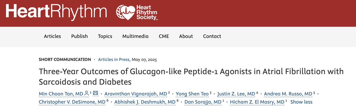 Min Choon Tan (@drmctan) on Twitter photo Hot off the press in <a href="/hrs_journal/">HeartRhythm</a> 🔥
Can GLP-1 RA do more than control diabetes in AF pts with sarcoidosis—a relatively rare but challenging group?
🔍Our PSM analysis of 6,359 pts shows lower odds of all-cause death, cardiac arrest & acute HF with GLP-1 RA use.
#GLP1RA #AF Hot off the press in <a href="/hrs_journal/">HeartRhythm</a> 🔥
Can GLP-1 RA do more than control diabetes in AF pts with sarcoidosis—a relatively rare but challenging group?
🔍Our PSM analysis of 6,359 pts shows lower odds of all-cause death, cardiac arrest & acute HF with GLP-1 RA use.
#GLP1RA #AF