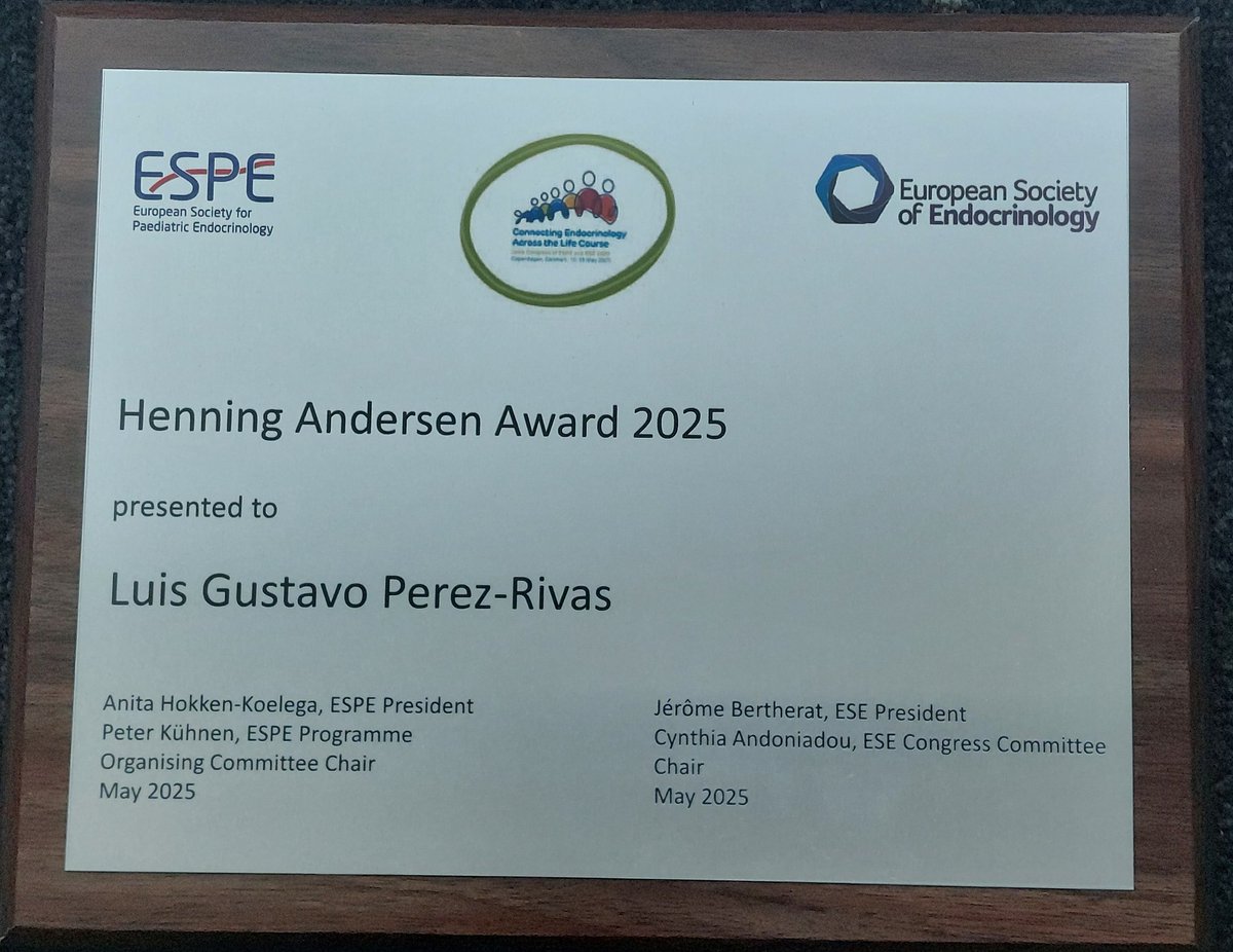 LuisG's tweet image. Truly honoured to receive the Henning Andersen Award to the most highly rated translational abstract submitted to the Joint Congress of ESPE and ESE 2025. Thanks to organisers and reviewers! @ESEndocrinology @EuroSPE
#ConnectingEndocrinology2025
#EndocrinologyAcrossTheLifeCourse