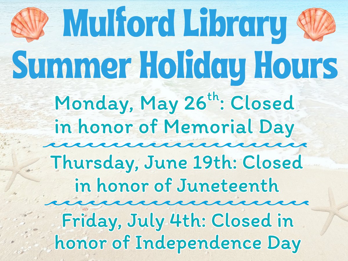 Hey, Rockets! Here are our holiday closures for the summer semester: Mulford Library will be closed on May 27 for Memorial Day, June 19 for Juneteenth, and July 4 for Independence Day. Plan ahead and enjoy the holidays!