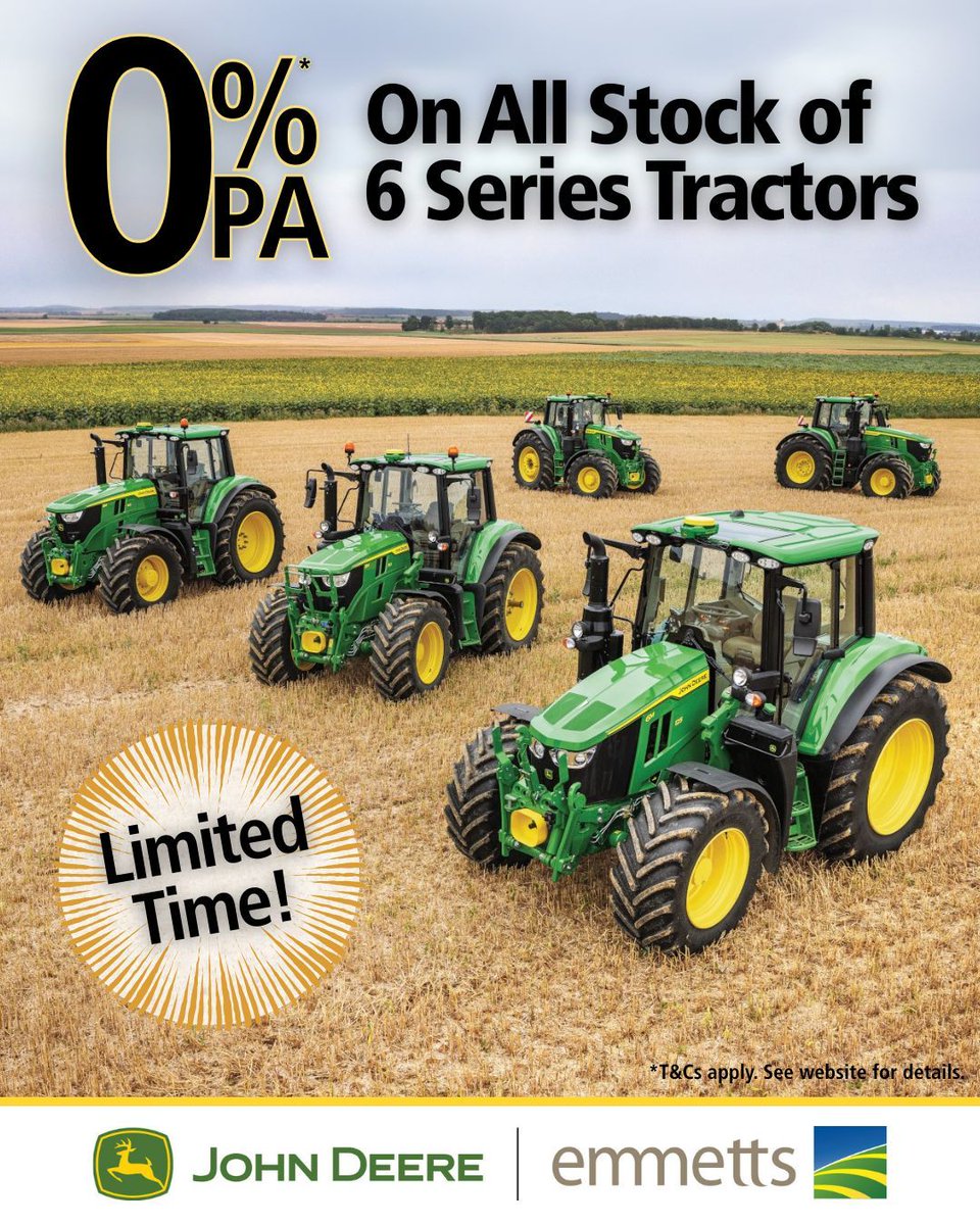 📣 0% p.a.* on all stock of 6 series tractors🔥 
If you’ve been holding off on upgrading, now’s the time to take a serious look.
Emmetts has 0% p.a.* finance on every in-stock John Deere 6 Series tractor — no strings attached, just a darn good rate.

#Emmetts #JohnDeere