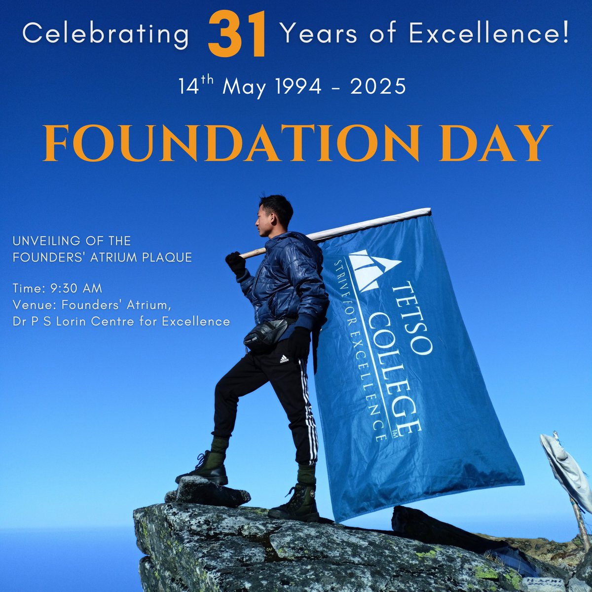 🎉 Celebrating 31 Years of Excellence! 🎉

Join us as we commemorate Tetso College Foundation Day with the grand Unveiling of the Founders' Atrium Plaque!

🗓 Date: 14th May 2025
⏰ Time: 9:30 AM
📍 Venue: Founders' Atrium, Dr. P S Lorin Centre for Excellence