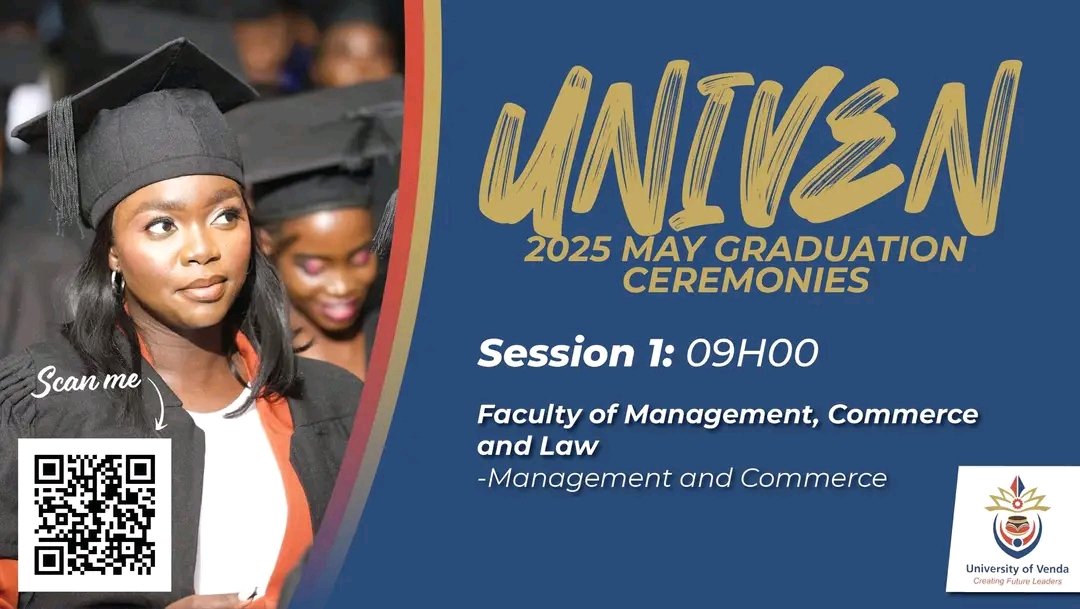 Don't miss the moment. Follow our first session of the Graduation Ceremony LIVE on the University of Venda's YouTube channel. Scan the QR code to watch and celebrate with us. 🎓

Link: youtube.com/live/5h8ybqC6D…

#UNIVENGraduation2025 #CreatingFutureLeaders