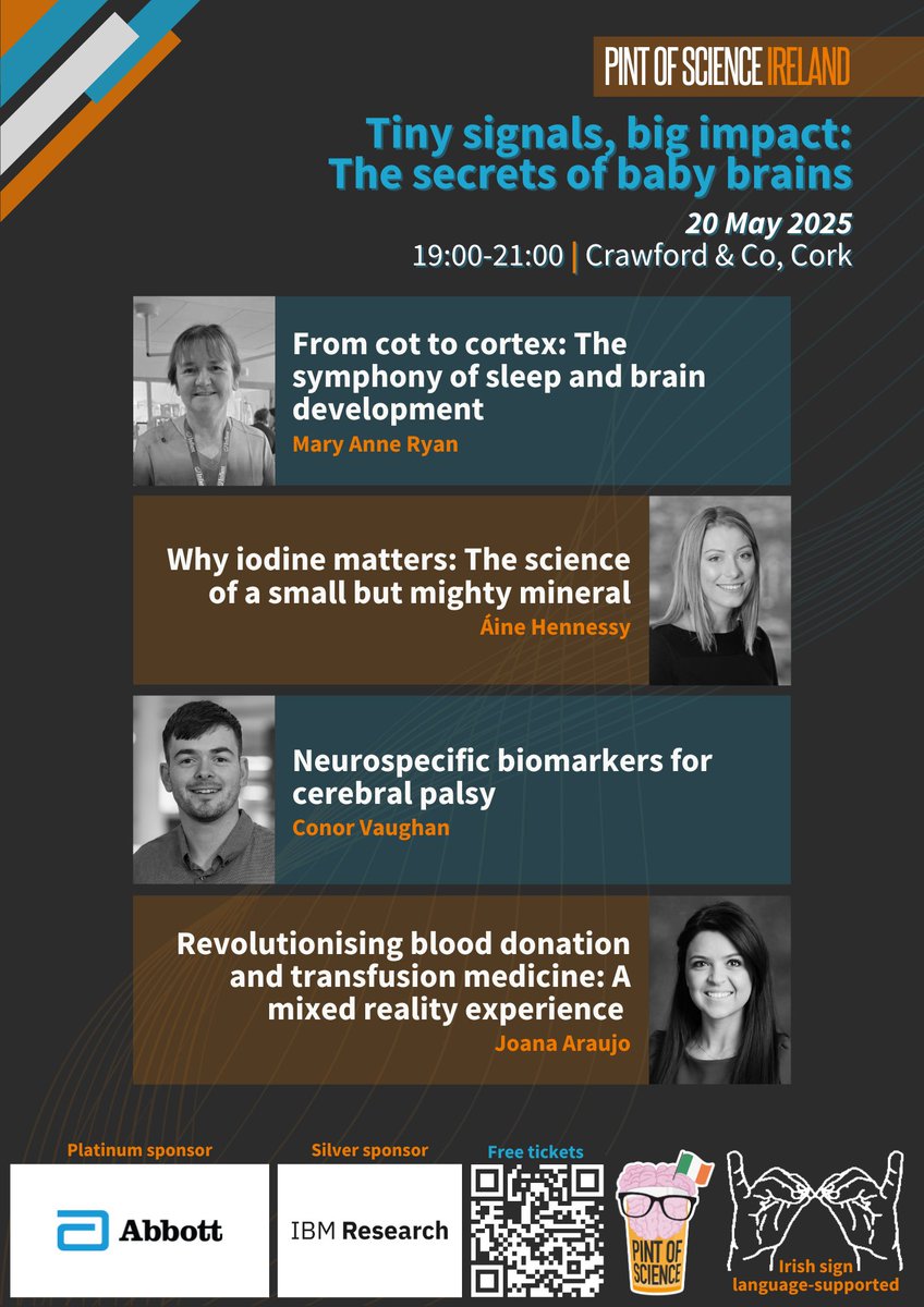 🚀 #Pint25 in #Cork  
 
🚼🐟🧠🩸Tiny Signals, Big Impact: The Secrets of Baby Brains (ISL supported) 

📅May 20th 📍Crawford and Co 
 
Interested in baby’s sleep, risks of iodine deficiency, cerebral palsy and transfusion medicine? FREE ticket here: pintofscience.ie/event/our-body…