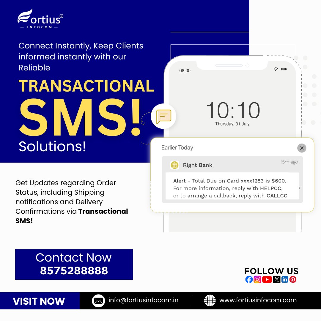 fortiusinfocom's tweet image. Texting That Delivers!

Businesses can leverage Transactional SMS to Notify Customers of Payment Confirmations, upcoming due dates, or Successful Transactions, Ensuring Transparency and Trust! 

#TransactionalSMS 
#StayConnected

☎ +91 8572 88888
💻 fortiusinfocom.com/bulk_sms/