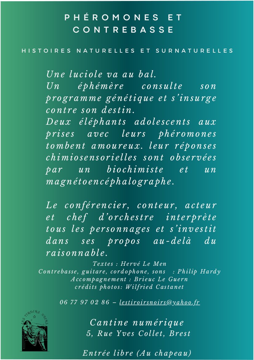 Phéromones et contrebasse
Histoire naturelles et surnaturelles

La  compagnie des Tiroirs noirs vous invite à la Cantine pour leur nouvelle création : conte théâtre burlesque et contrebasse
Vendredi 13 juin à la Cantine numérique à 18h
à partir de 12 ans
Entrée libre (au chapeau)