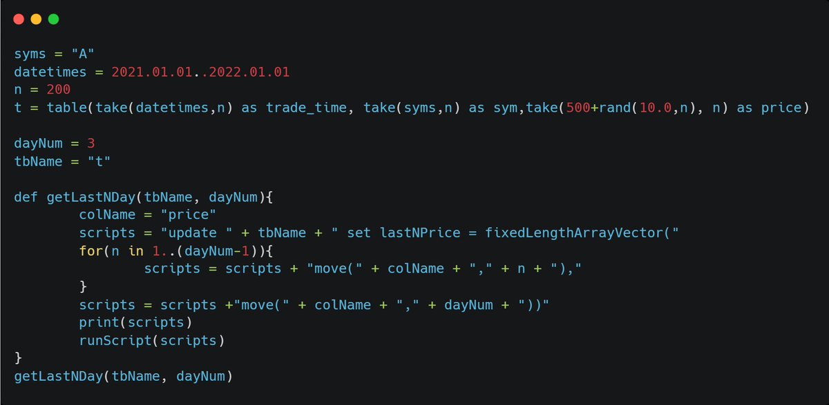DolphinDB_Comm's tweet image. 💻Trying to Define a Function in #DolphinDB to Retrieve Prices
How to retrieve past n days’ prices as an #array vector in DolphinDB? Try the given code.
#window_functions #timeseries #vectorization