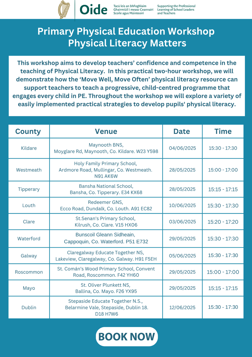 Physical Literacy Matters Workshops begin at the end of May.  
This 2-hour workshop will explore a variety of easily implemented practical strategies to develop pupils' physical literacy within the PE lesson. We have 10 locations to choose from!
Bookings - oide.ie/teachers/