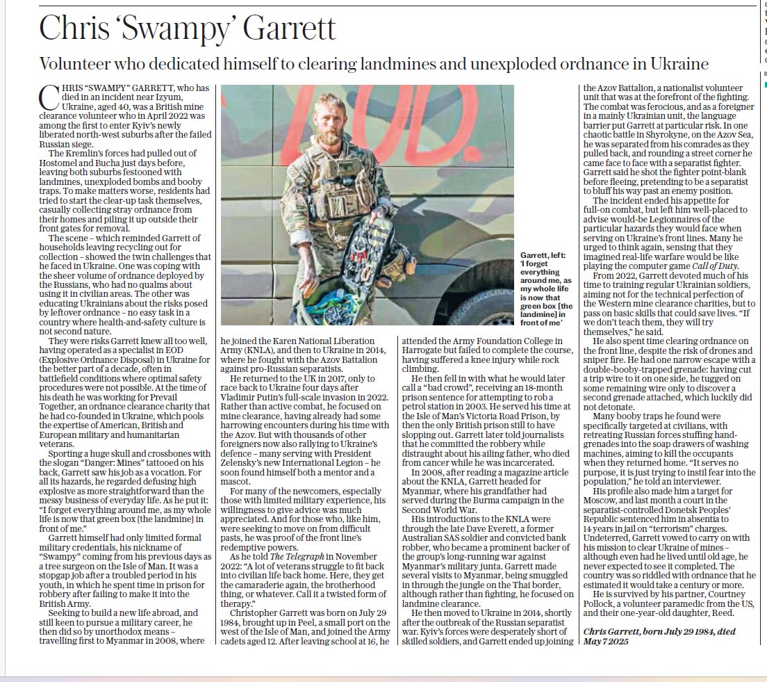 colinfreeman99's tweet image. Today's Daily Telegraph obituary of Chris "Swampy" Garrett, land mine clearance volunteer killed in Ukraine