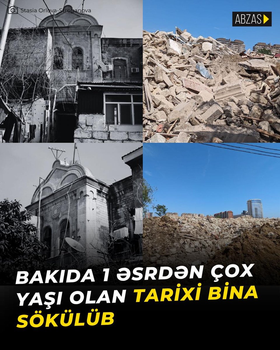 Mayın 9-da Bakının Xətai rayonunda yerləşən 128 yaşlı tarixi bina sökülüb.

Bu barədə məlumatı memar Stasia Orlova-Stroqanova yayıb. O bildirib ki, Ələddin Quliyev və 8-ci Zavod küçələrinin kəsişməsində yerləşən ikimərtəbəli bina 1895–1897-ci illərdə məşhur polyak memarı Kazimir